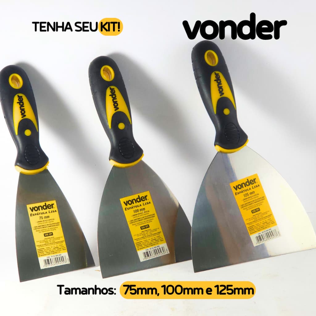 Kit Espátulas 75, 100, 125mm Aço Carbono Pedreiro Pintor Profissional Multiuso Cabo Emborrachado Vonder
