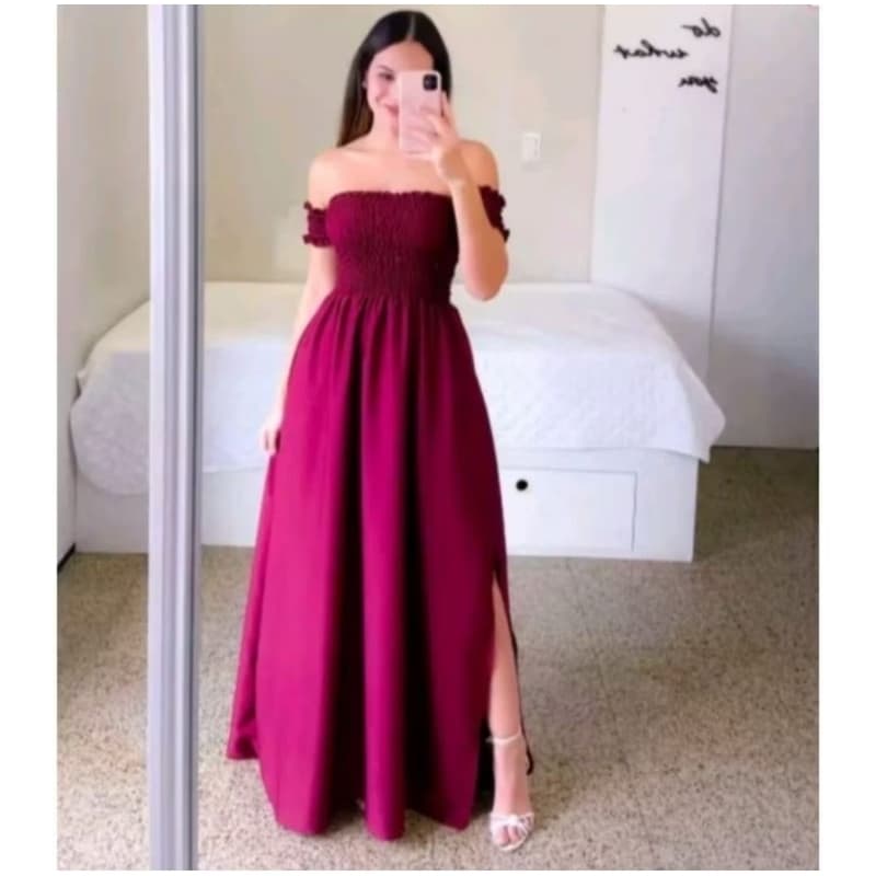 Vestido longo de manguinha de lastex com fenda REF:302