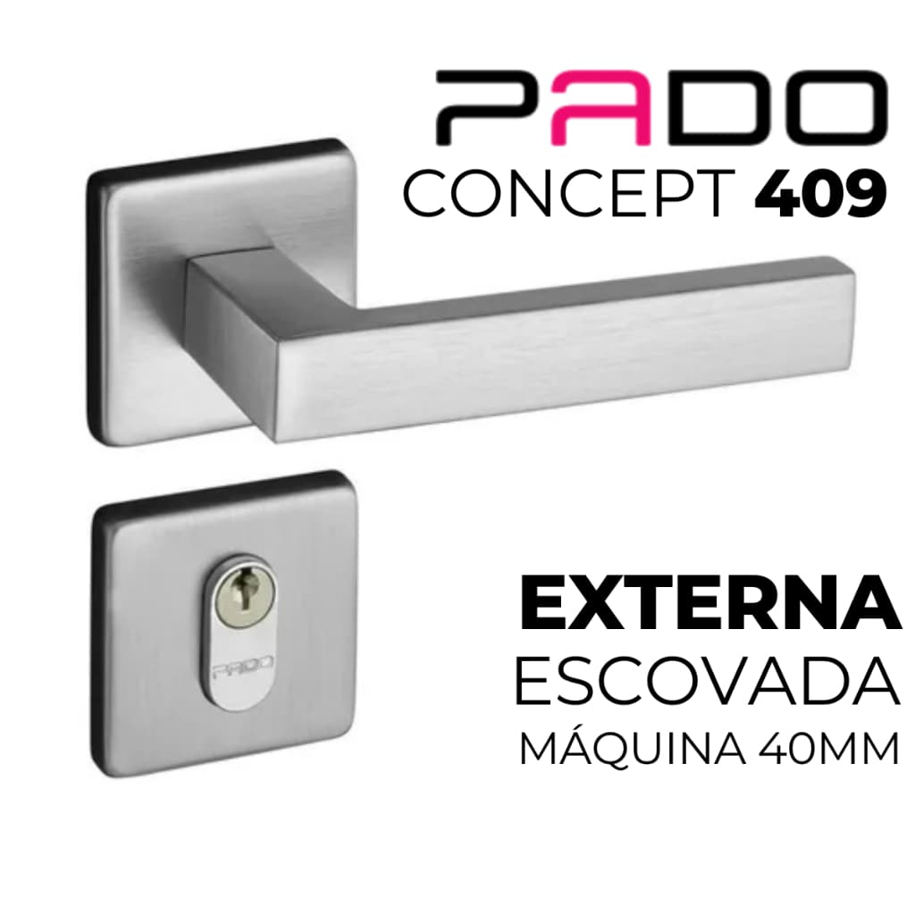 Fechadura de Porta Externa (Saída) Pado Concept 409 Máquina 40mm Madeira/Alumínio Inox Escovada
