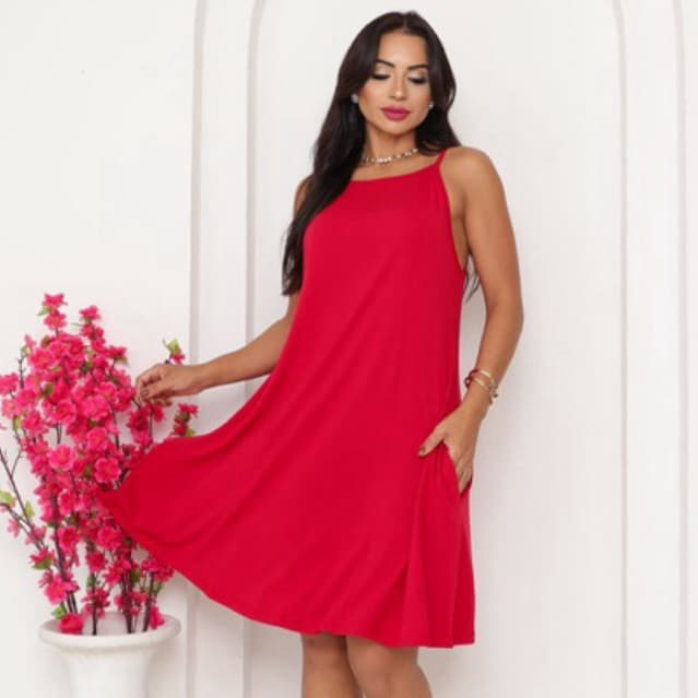 Vestido Alcinha Com Bolso Tamanho GG Preto Vermelho Casual