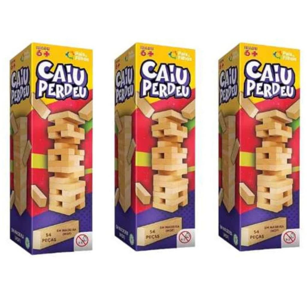 Jogo Caiu Perdeu Pais & Filhos de Madeira Jogo da Torre de Madeira 54 Peças Desenvolve Coordenação Motora