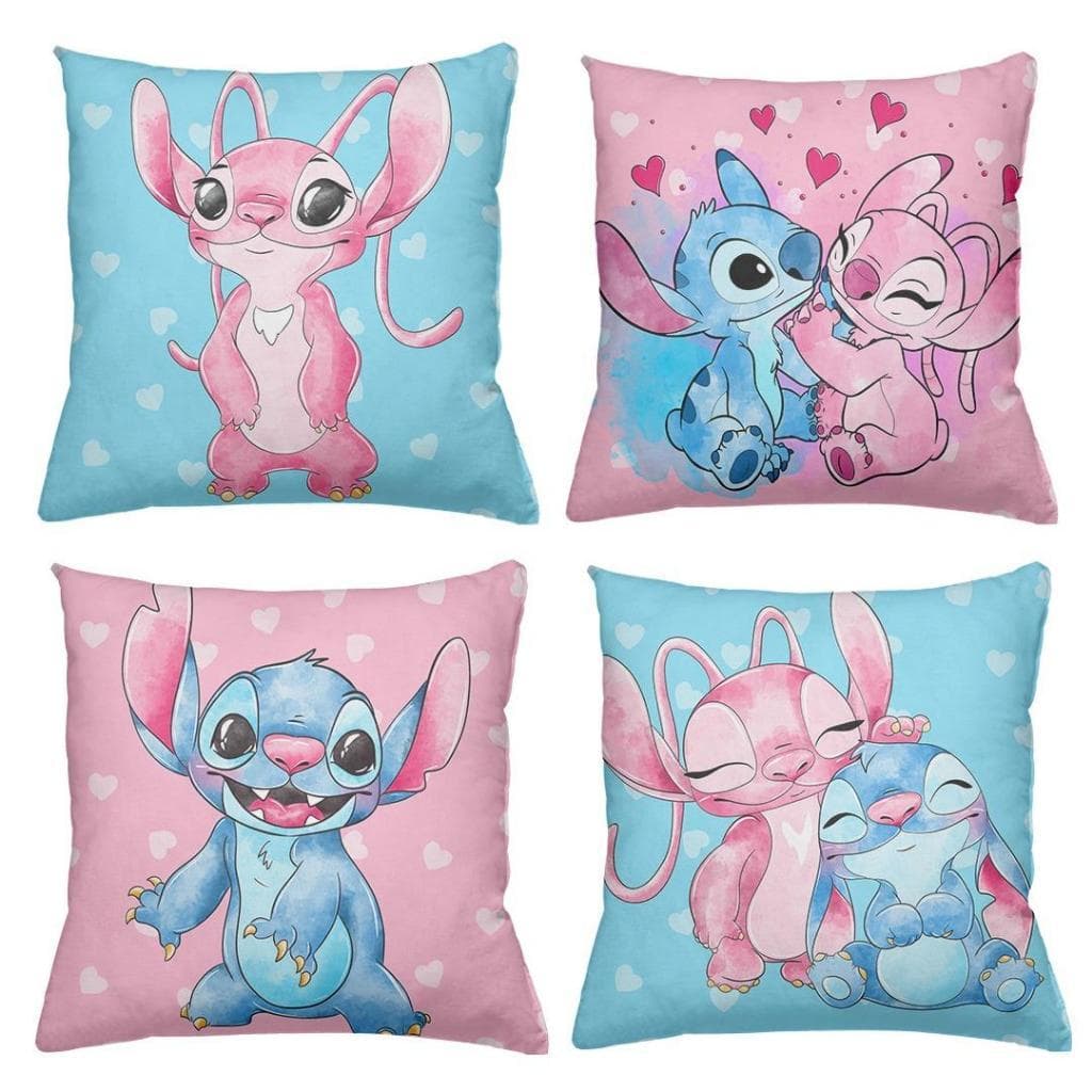 KIT 4 CAPAS DE ALMOFADAS  DECORATIVAS  STITCH ANGEL LOVE CORAÇÃO CASAL  - TAMANHO 45X45
