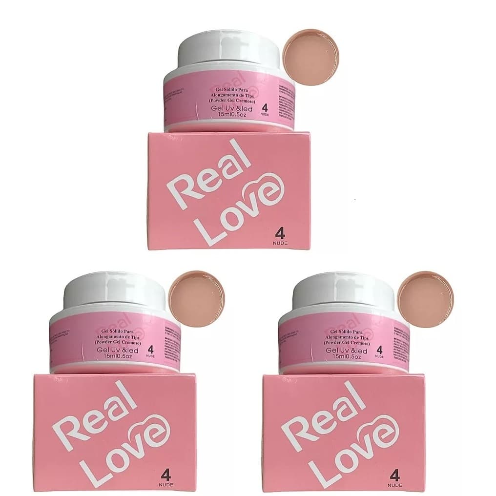Kit com 3 Gel Sólido de Alongamento para Tips - Powder Gel Cremoso - Real Love - 15ml