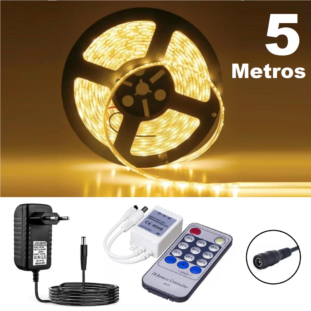 Fita LED 5 Metros Branco Quente 0u Neutro 0u Frio + Controle Remoto + Dimmer + Fonte Bivolt