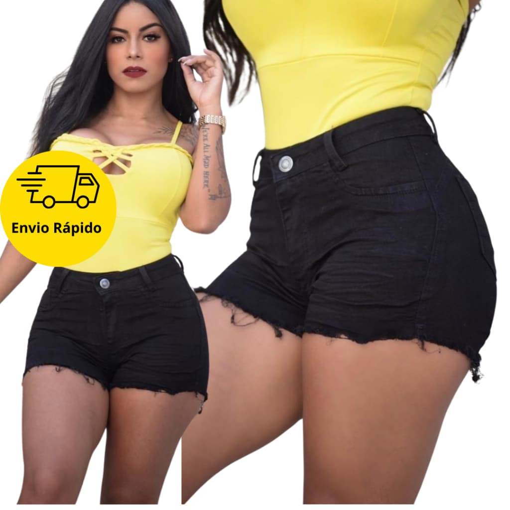 Shorts Jeans Feminino Básico Preto Casual Curto Com Lycra Destroyed Desfiado