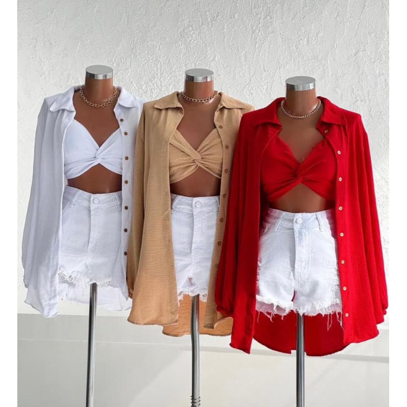 Conjunto Feminino Cropped + Camisão Tendência Chamise camisa Despojada liso