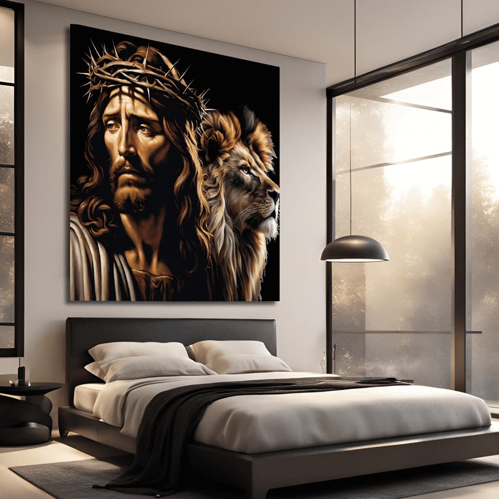 Quadro Placa Decorativa Grande Leão e Jesus Para Sala Quarto Escritório Luxo