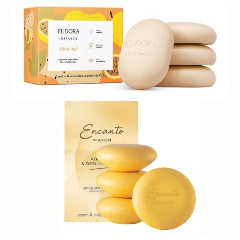 Caixa de sabonetes Eudora Instance Maracujá 4x80g e caixa Avon encanto e Atraente 4x80g