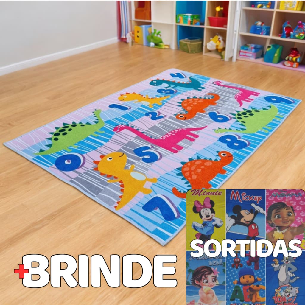 Tapete Belga Infantil Kids 1,00x1,40 Antiderrapante Estampado Novo + Brinde