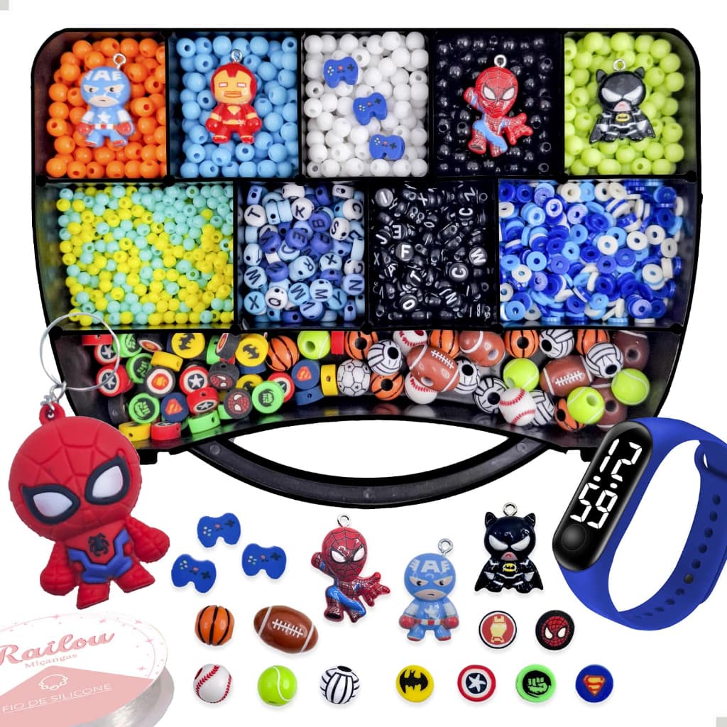 Kit Miçangas Heróis Menino Com 2300 Pçs Infantil P/ Montar Pulseiras - Colar + Relógio digital + fio