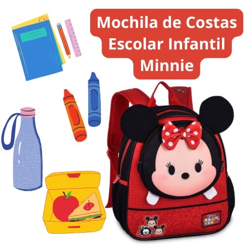 Mochila de Costas Escolar Infantil  Minnie 3D: Bolso frontal e bolsos laterais
