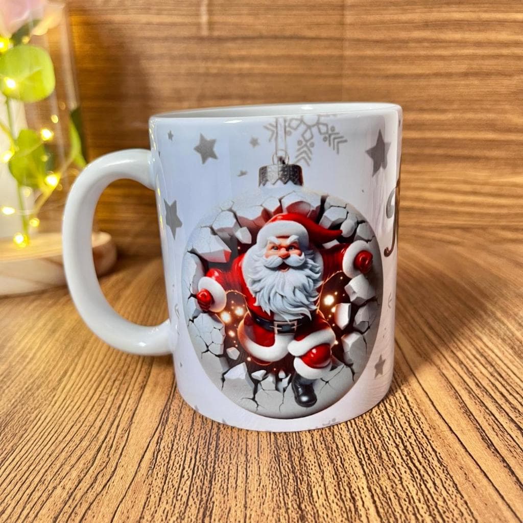 Caneca branca 325ml cerâmica personalizada natal papai noel 3d feliz natal