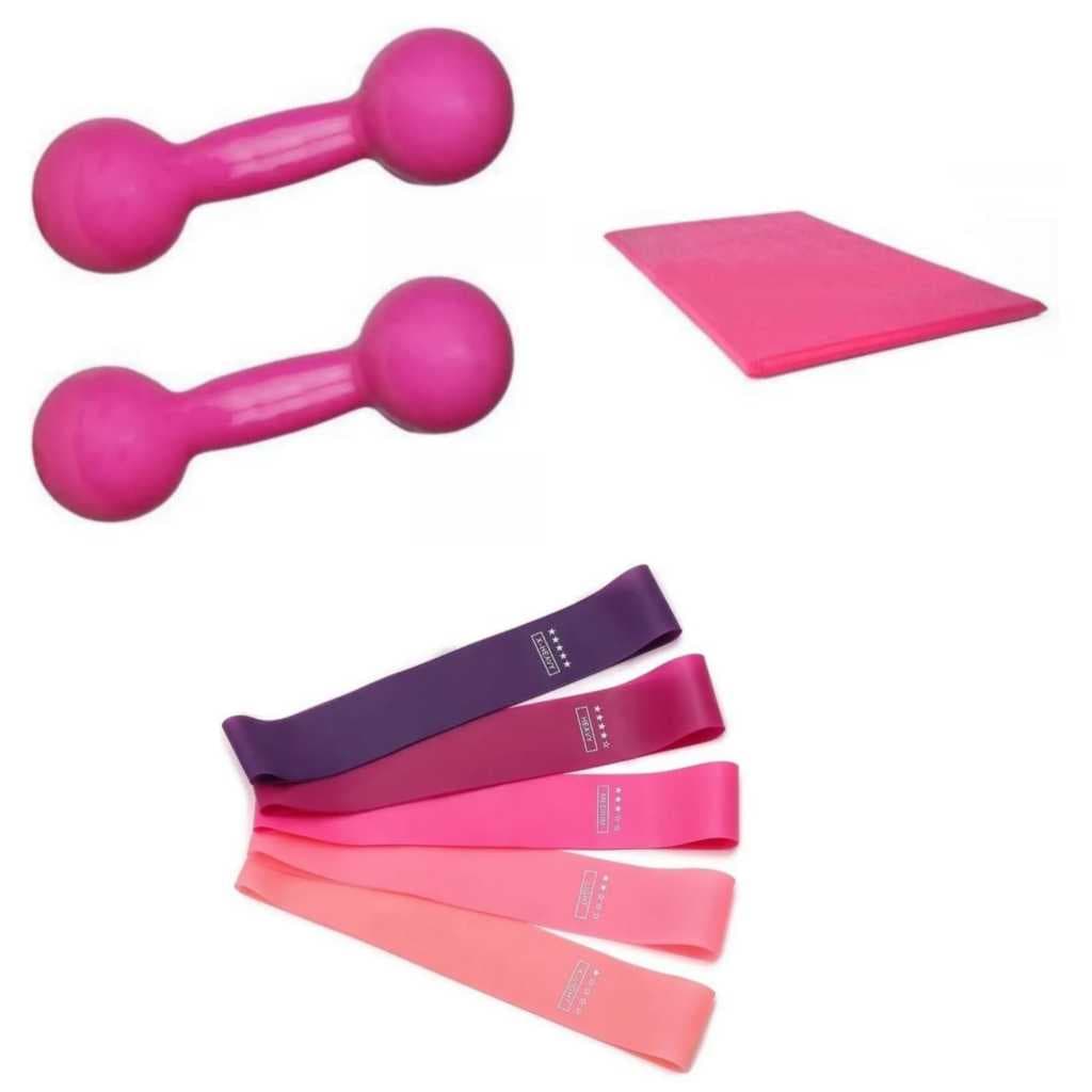 Combo Fitness Caseiro: Halter Emborrachado Rosa 2kg + Colchonete + Mini Band 5 Níveis