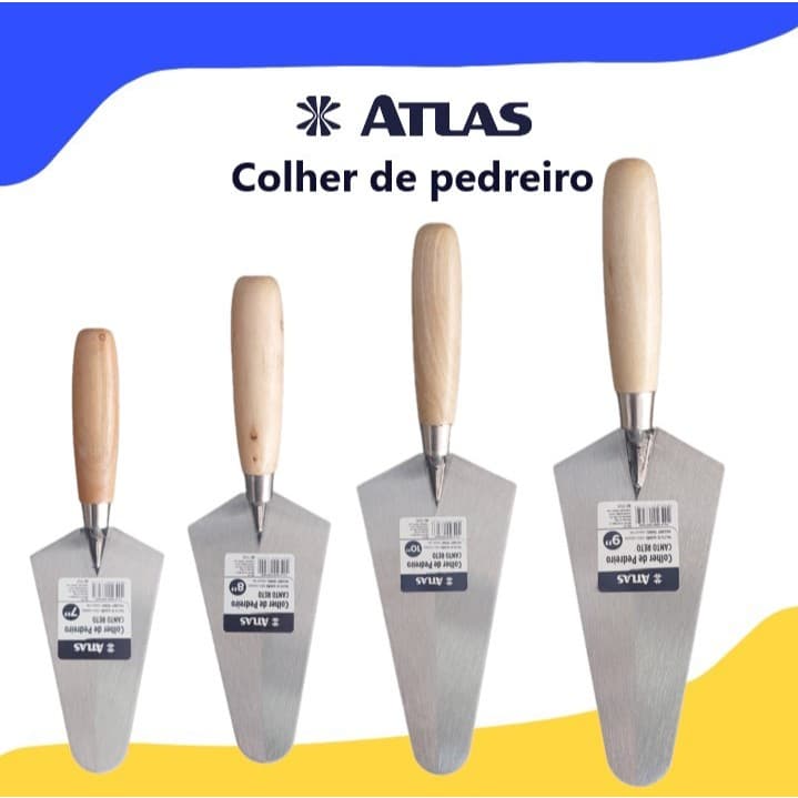 COLHER PARA PEDREIRO ATLAS , CANTO RETO OU REDONDO ,  MEDIDAS , 7, 8 , 9 E 10 POLEGADAS.