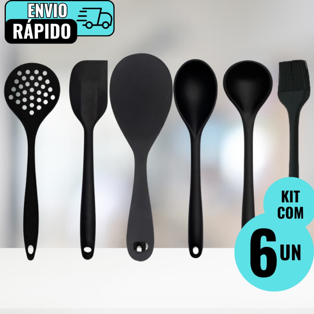 Kit Com 6 Utensílios De Cozinha Premium Em Silicone Preto Vermelho Refeições Domicílios Restaurantes