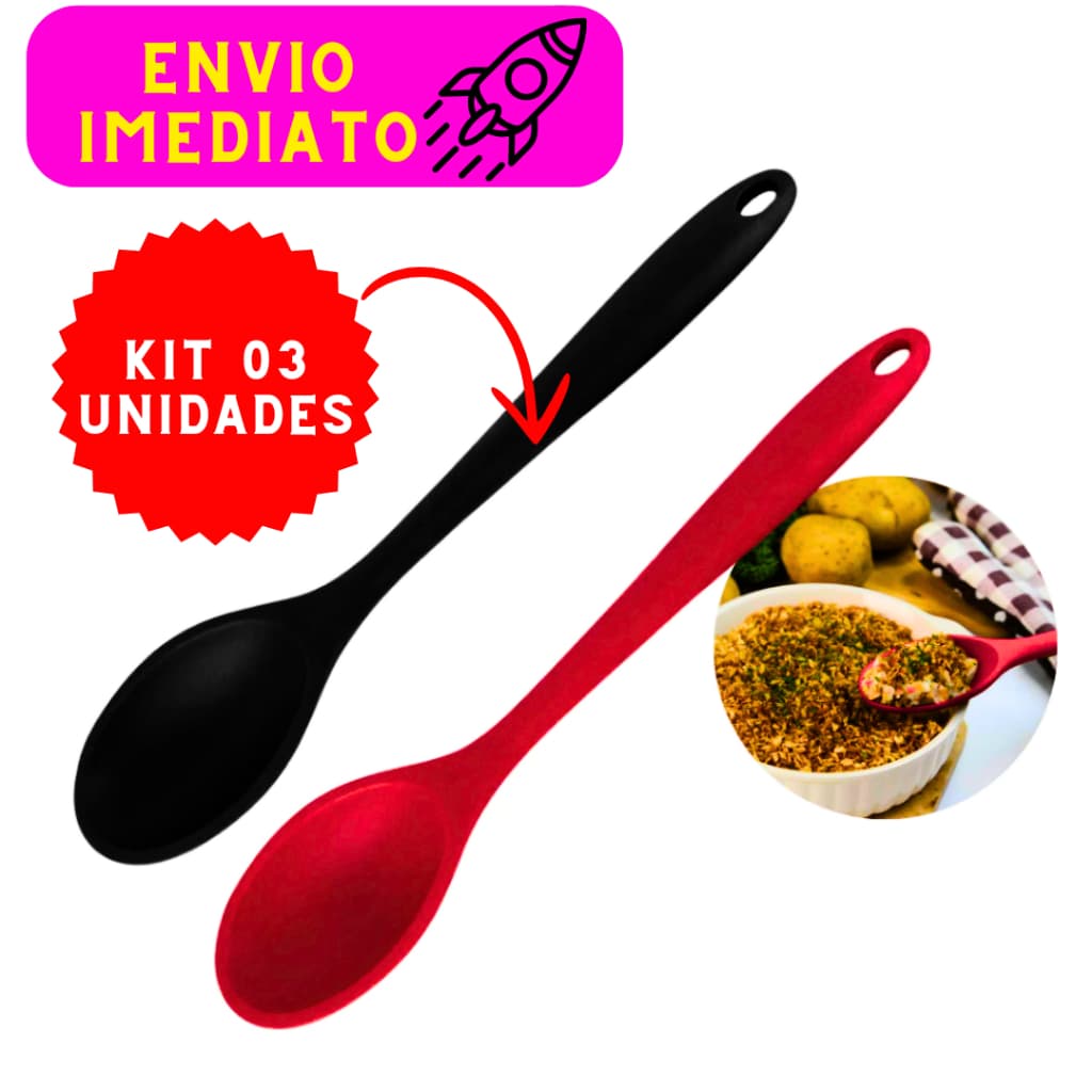 Kit 03 Colher de Silicone Prática Livre de BPA Não Risca 27 Cm de Alta Qualidade e Durabilidade