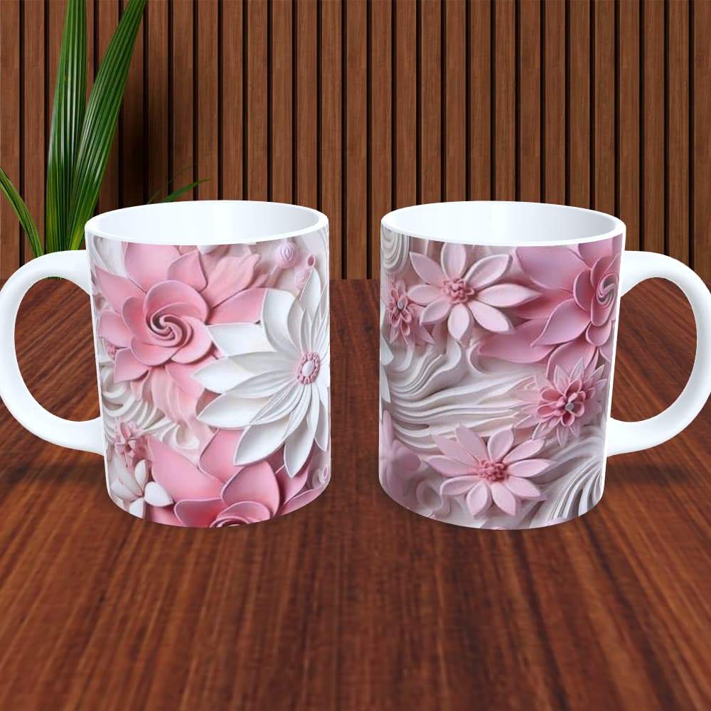 Caneca personalizada presente mãe avó efeito 3D de flores rosa amarelo lilas azul colorida borboleta coruja vermelha