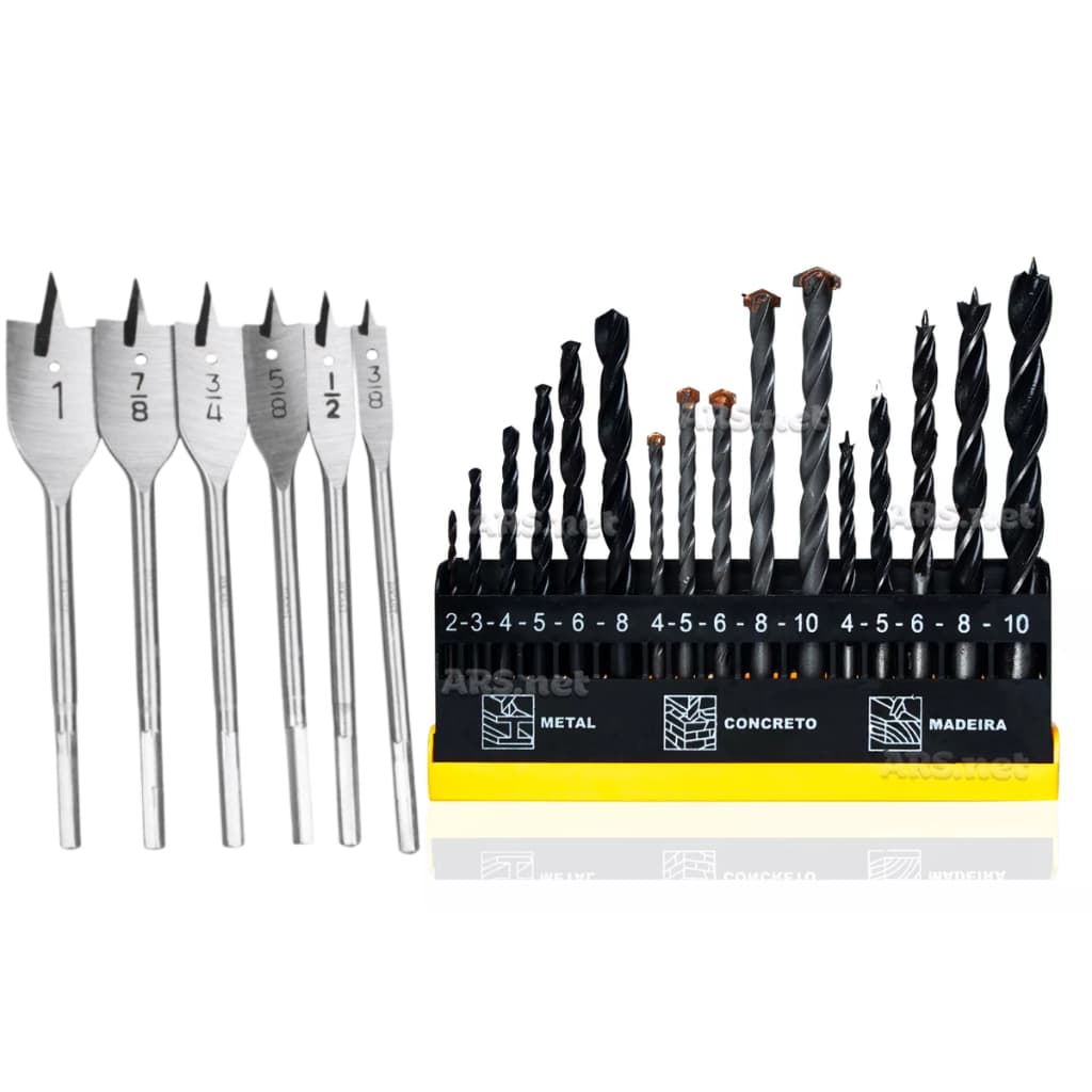 Kit Jogo De Brocas Ferro Concreto Madeira Vídea Broca Chatas