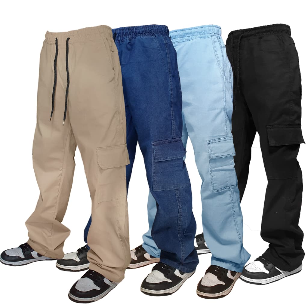 Calça cargo 6 bolsos sarja e jeans skatetista BARRA reta e elastico na cintura