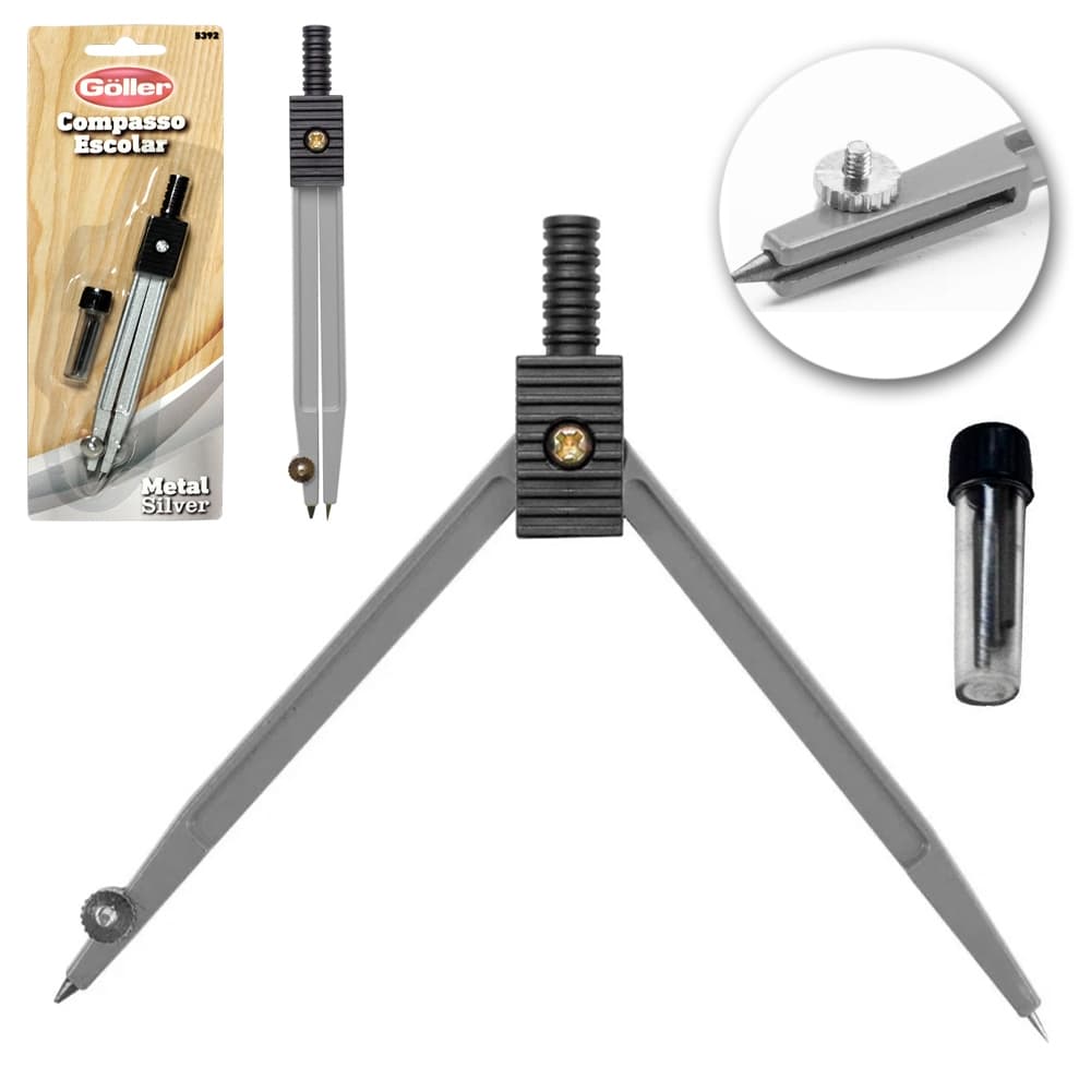 Compasso Escolar De Metal Silver Com Refil Na Cartela