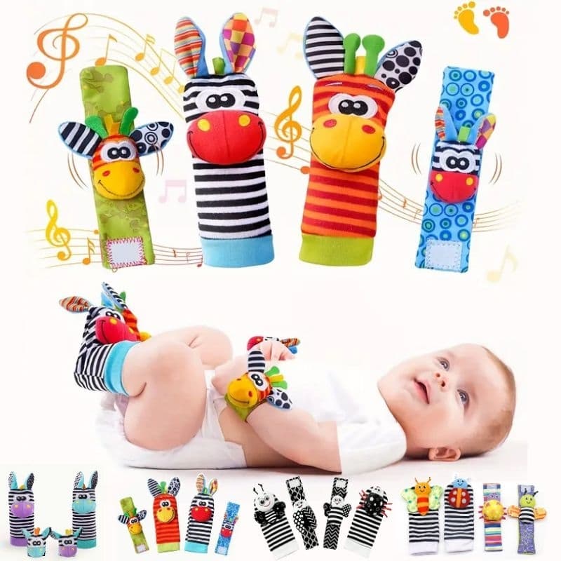 Kit meia e bracelete chocalho interativo para bebê e recém-nascido, sensorial brinquedo bebê alto contraste maternidade