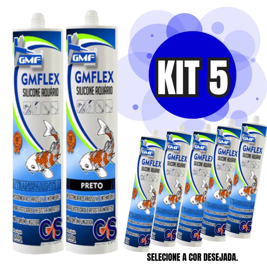 Kit 5 Unidades Silicone Aquario GMF Selante Transparente e Preto - 260GR