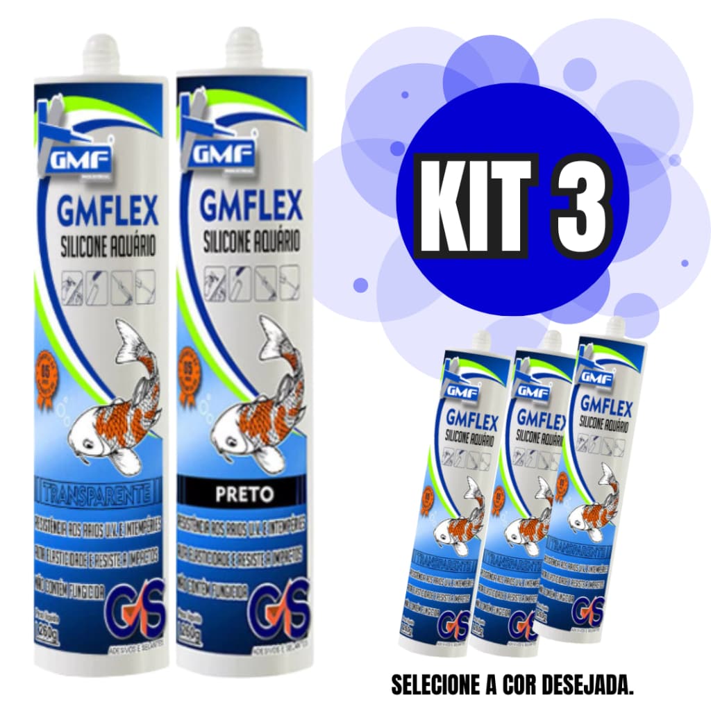Kit 3 Unidades Silicone Aquario GMF Selante Transparente e Preto - 260GR
