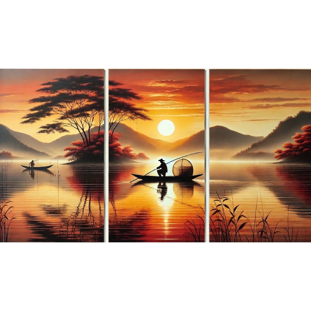 Trio de quadros pescaria barco canoa pescador raíz 3 peças 60x40