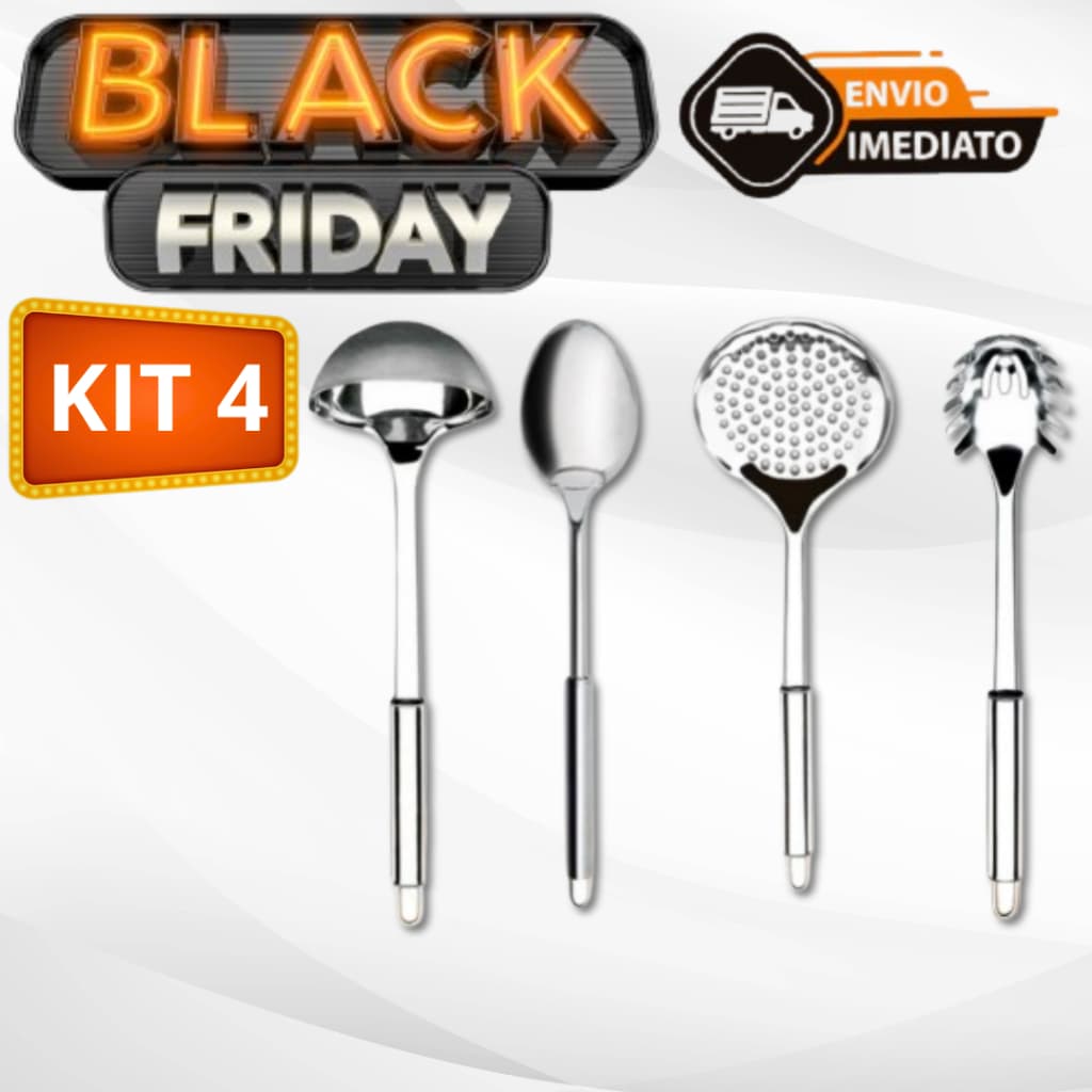 Kit 4 Utensílios De Cozinha 100% De Aço Inox Escumadeira Concha de Feijão Colher de Arroz e Escumadeira