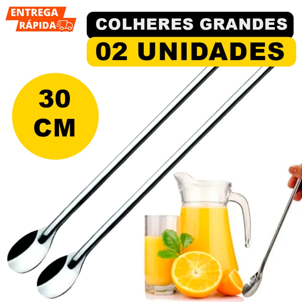 Colher Bailarina Kit 2 Colheres Grande 30 cm Para Sucos Drink Caipirinha Barman Em Aço Inox