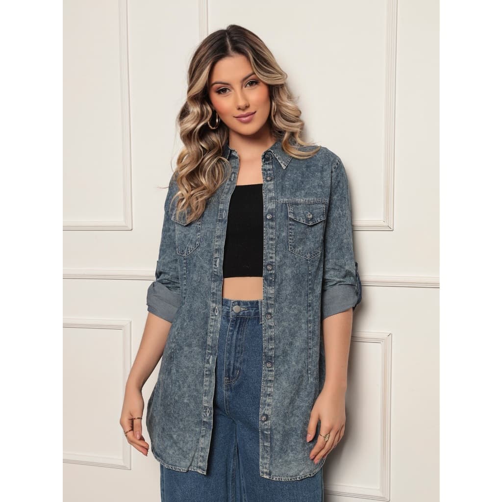 Camisola Jeans Feminina Manchada Casual