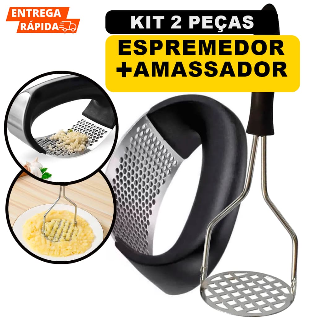 Amassador Para Batatas Legumes Alimentos De Cozinha E Espremedor Alho Triturador Kit 2 Peças Aço Inox  Multiuso