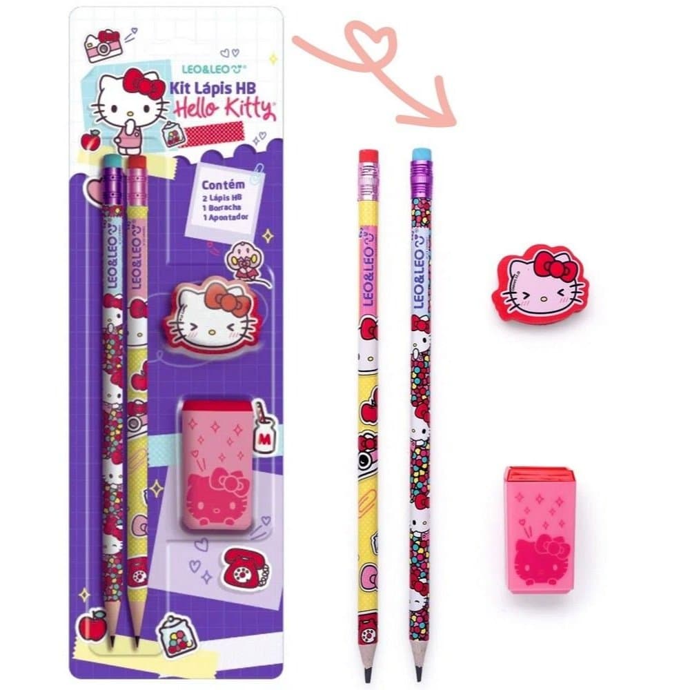 Kit Lápis Hb com Borracha e Apontador - Hello Kitty - Leo & Leo