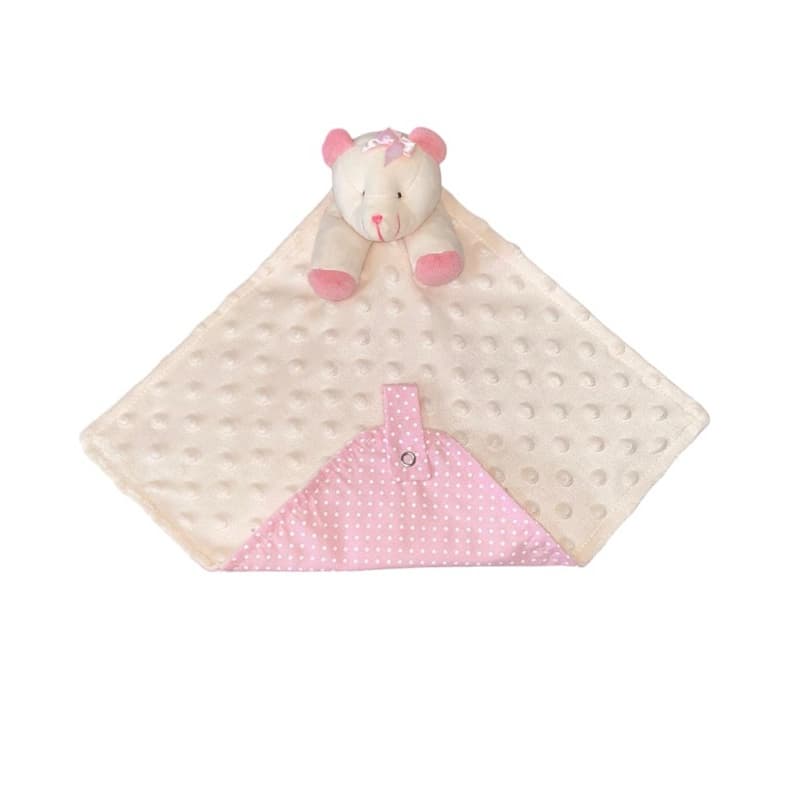 Naninha Para Bebê Ursa Plush Bolha Poa Rosa Com Porta Chupeta 28x28 cm 100% Algodão