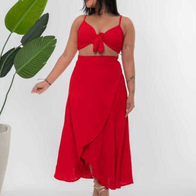 Conjunto Feminino Saia Envelope e Cropped Duna Cores Verão Primavera Casual