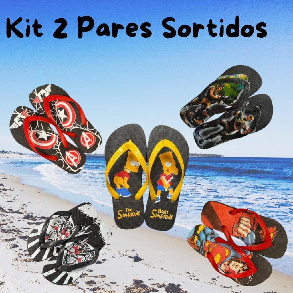 Kit 2 Pares de Chinelo Juvenil Masculino Personagens e Super heróis Promocao