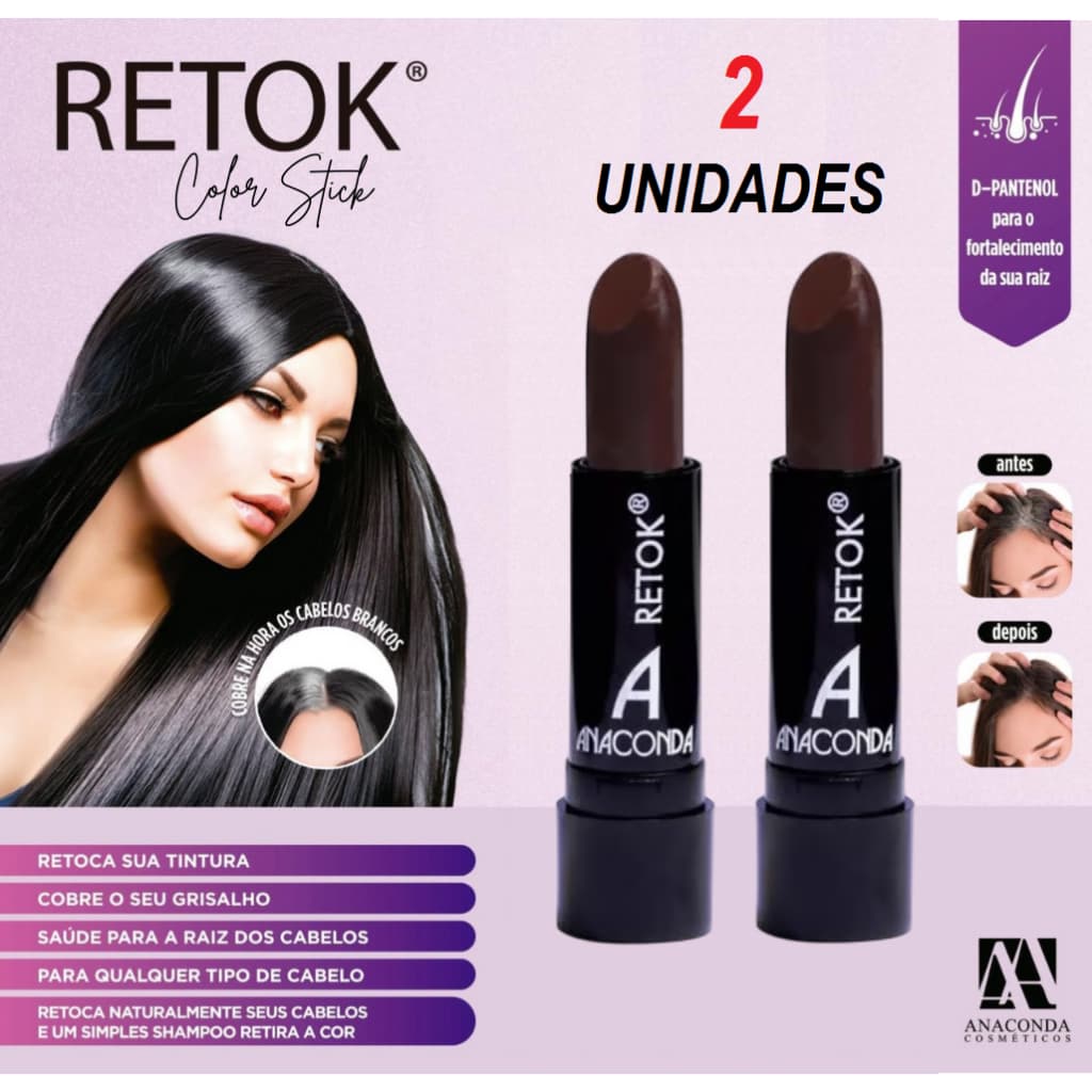 Kit 2 Batom Retoque de Raiz para Cabelo e Barba Castanho Escuro Anaconda 3g
