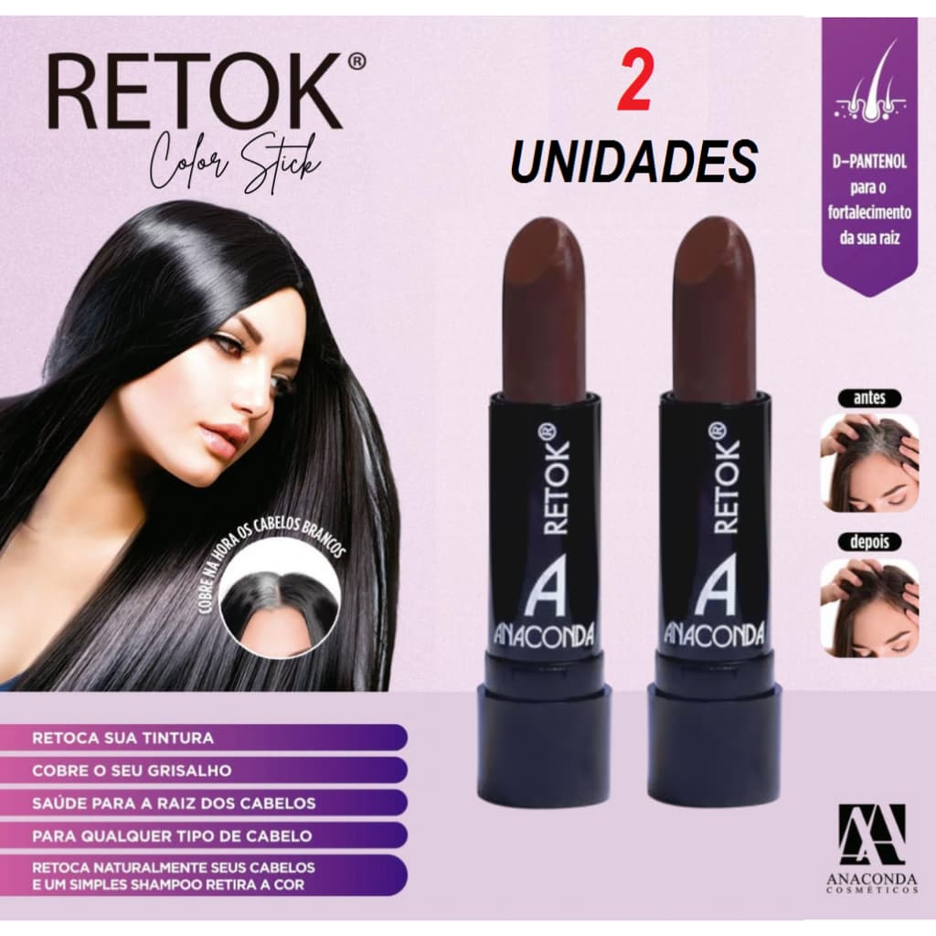 Kit 2 Batom Retoque de Raiz para Cabelo e Barba Castanho Anaconda 3g