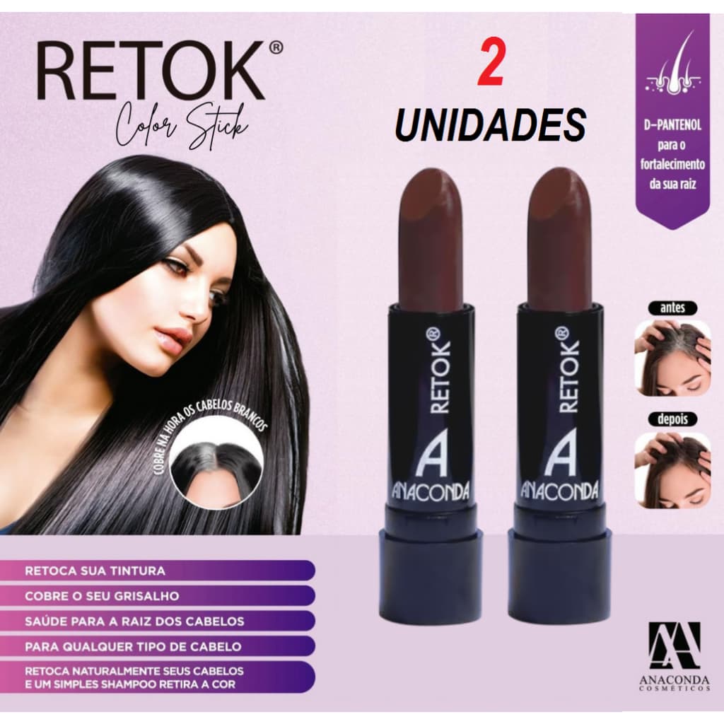 Kit 2 Batom Retoque de Raiz para Cabelo e Barba Castanho Médio Anaconda 3g