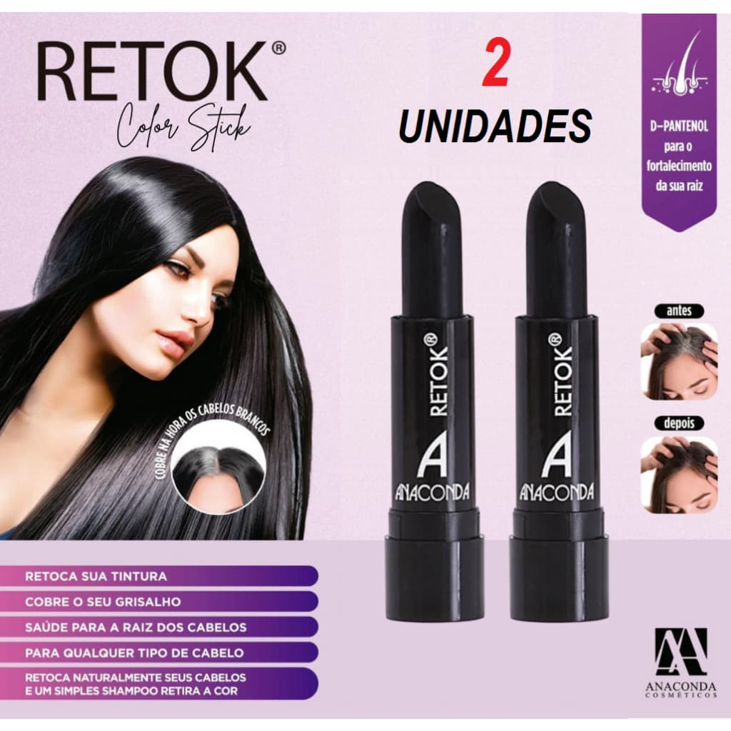Kit 2 Batom Retoque de Raiz para Cabelo e Barba Preto Anaconda - 3g