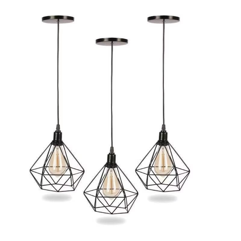 kit 3 Pendente Diamante Luminária Preto cabo 2M