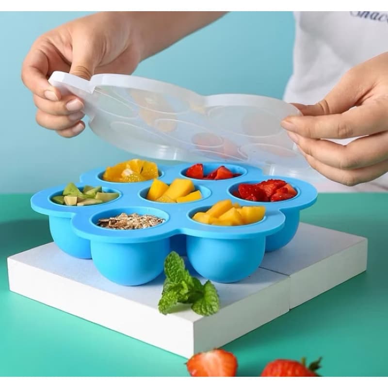 Porta Pote Papinha Recipiente Fundo De Silicone Com 7 Divisórias e tampa para introdução alimentar