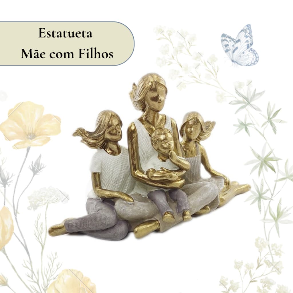 Enfeite Decorativo Estatueta Familia Mãe com 3 Filhos Escultura Mae duas meninas 1 menino