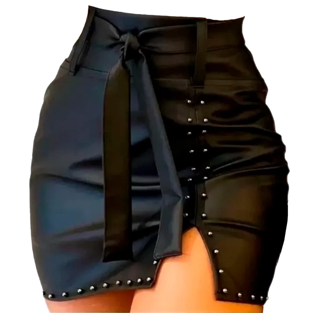 Saia Curta Couro Fake Preta Cintura Alta Cinto Fenda Blogueira Festa Balada Rodeio Cosplay Luxo