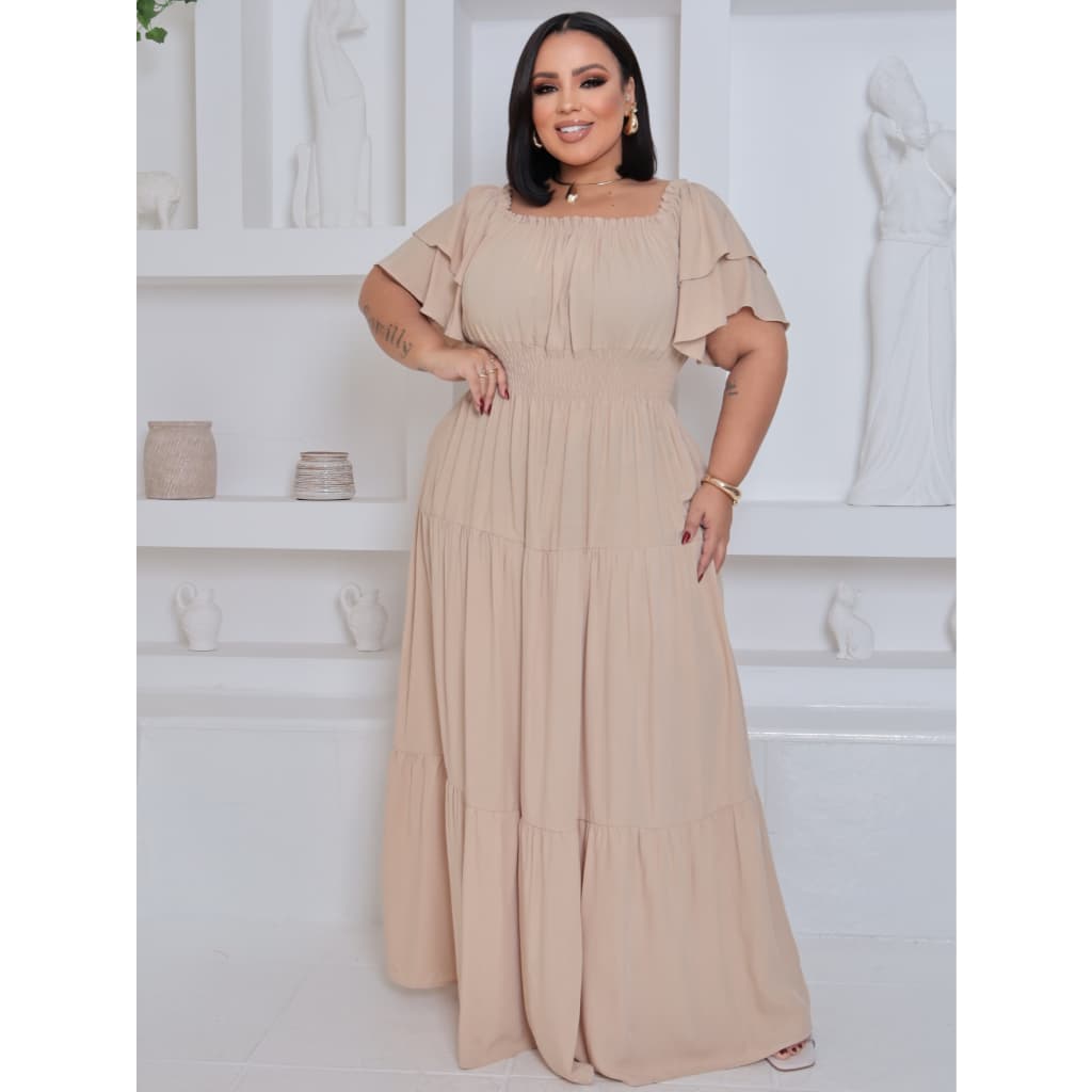 Vestido Longo Dobre Babado Plus Size Moda Blogueira