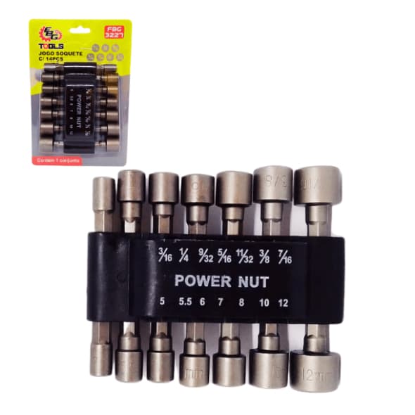 Jogo 14 Bits Soquete Canhão Sextavado Profissional - Encaixe 1/4" Parafusadeira - Kit 5 a 12mm