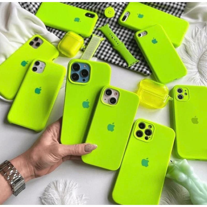 Capa case com logo da maçã aveludada verde neon para iPhone XR 11 12 12pro 12Promax 13 13PRO 13promax 14 14pro 14promax