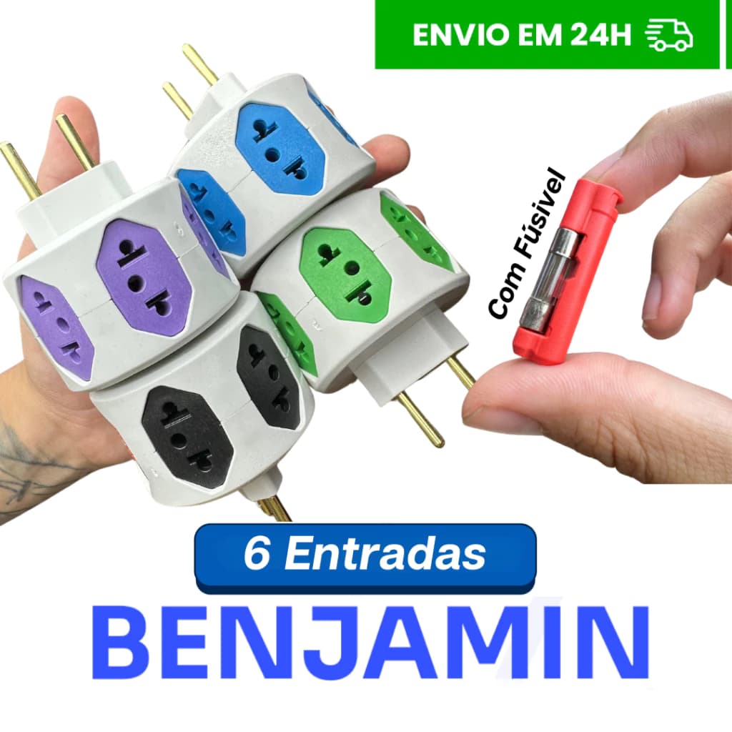02 Unid.Adaptador de tomada com fusivel 6 Entradas 10A/20A Benjamin