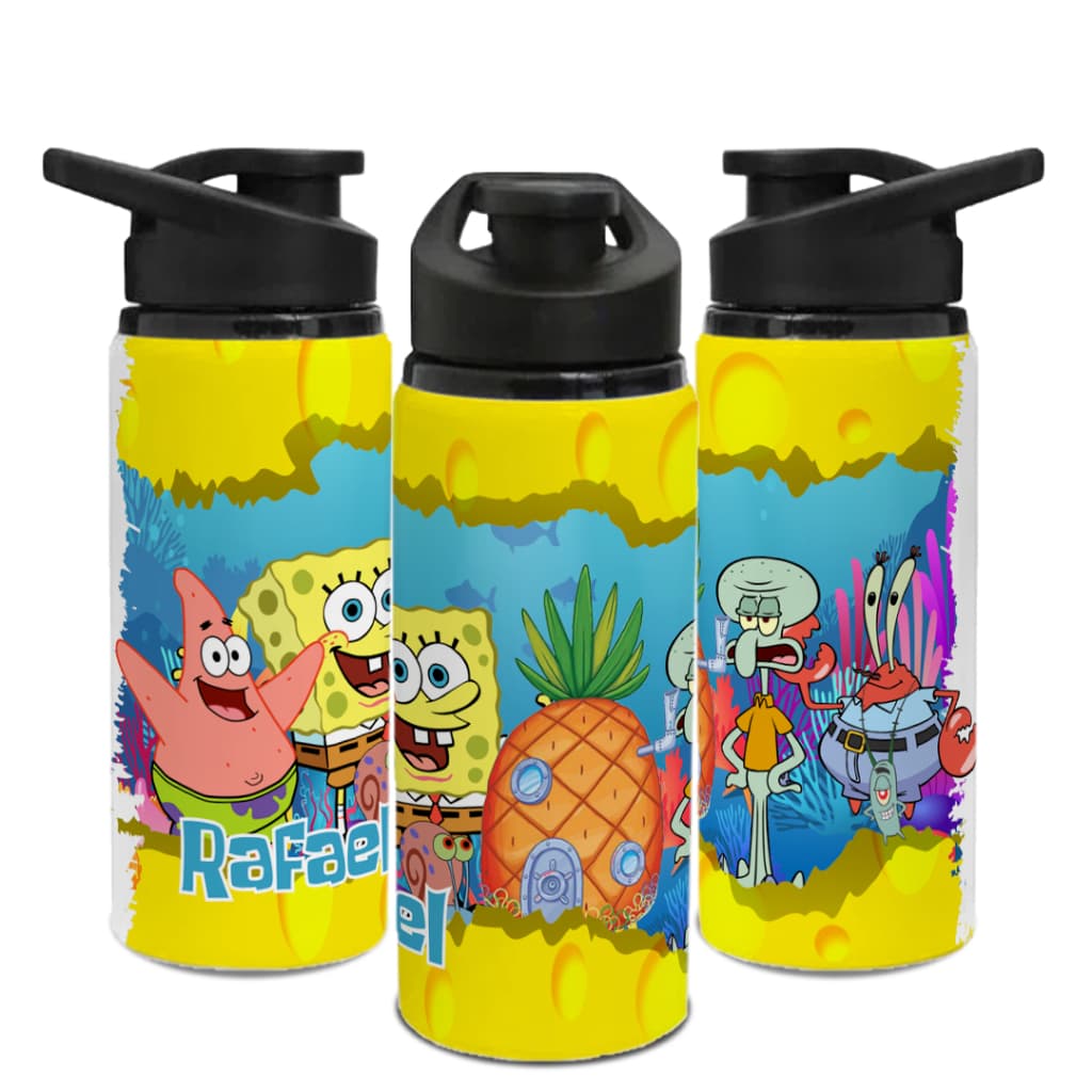 Garrafa Sport de ALUMÍNIO 750 ml - personalizada com nome - Bob Esponja - garrafinha de água - aulas