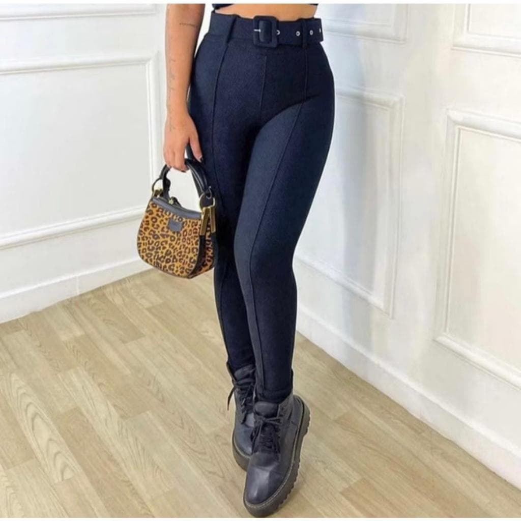 Calça Feminina POWER Com Cinto Fivela Cintura Alta Levanta Bumbum